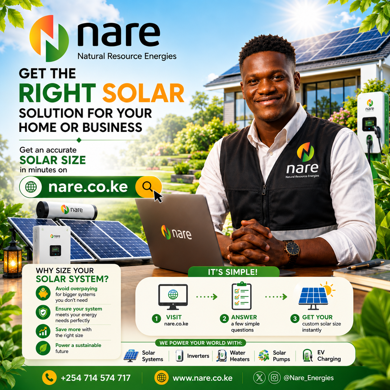 Solar sizing calculator Kenya - NARE Energies panels, inverter and LiFePO4 batteries